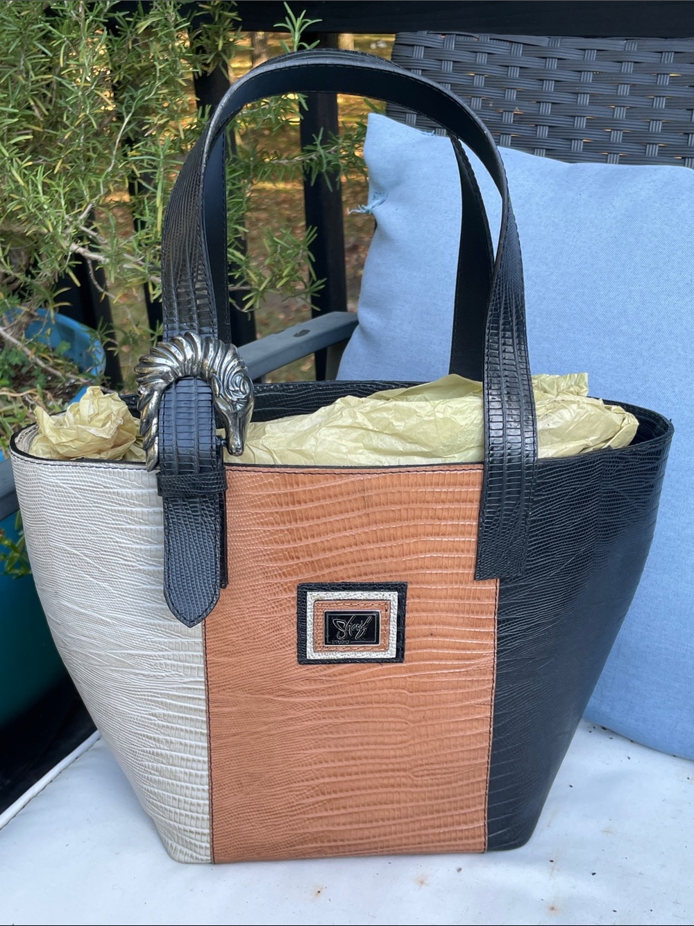 Sharif Colorblock Tote in Black, Tan & Cream with Decorative Ram Accent